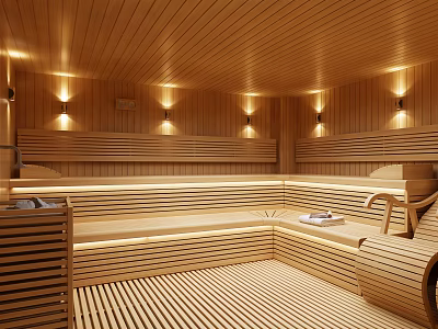 Luxurious Wooden Sauna Interior With Paneled Walls Benches And Ambient Lighting 3d model