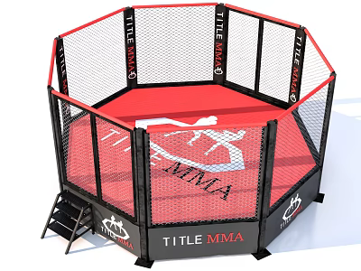 TITLE MMA Training Octagon Fenced Sports Equipment With Red Mat And Logo 3d model