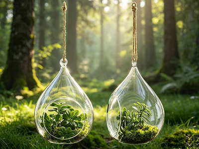 Glass Hanging Planters With Green Succulents In Forest Sunlight And Grass 3d model