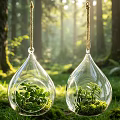 Glass Hanging Planters With Green Succulents In Forest Sunlight And Grass