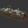 Wooden Dining Table Setup With Food Dishes Chairs And Traditional Patterned Rug