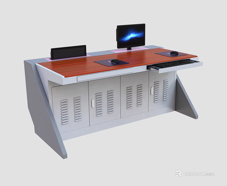 Modern Office Desk With Wooden Top Metal Cabinets Ventilation Holes Monitor Keyboard And Mouse 3d model 
