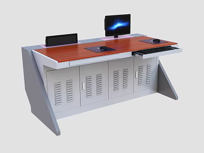 Modern Office Desk With Wooden Top Metal Cabinets Ventilation Holes Monitor Keyboard And Mouse 3d model