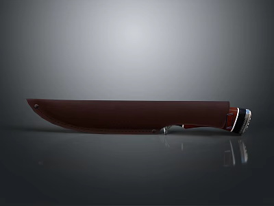 Sharp Hunting Knife With Brown Sheath And Red Silver Handle Design 3d model