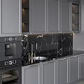 Modern Kitchen Interior With Dark Gray Cabinets White Island Black Marble Backsplash And Wine Rack