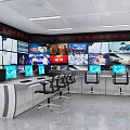 Modern Spacious Monitoring Control Room With Large Display Screens And Multiple Orderly Computer Workstations