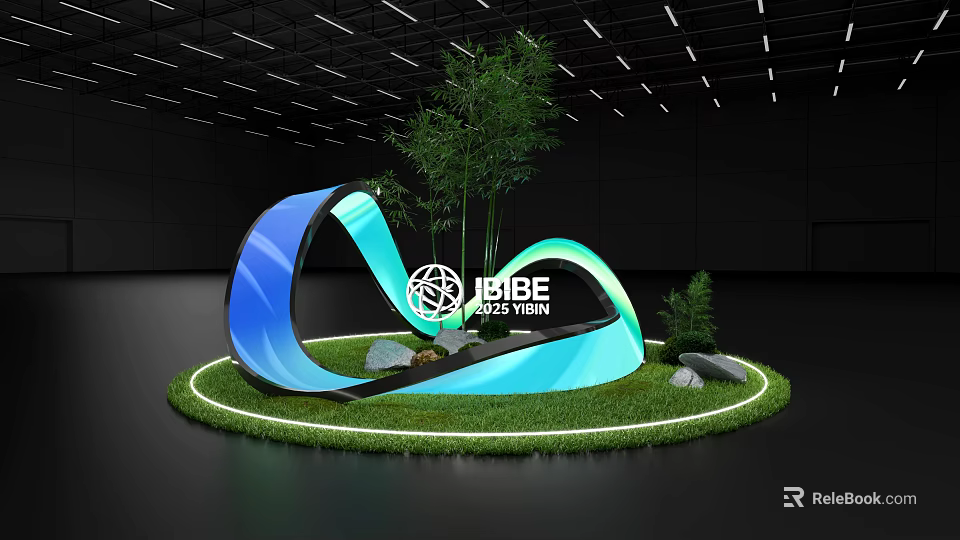 CIBBE 2023 Yibin Check in Photo Spot Featuring Wave Shaped Structure Green Lawn Trees Stones 3d model 