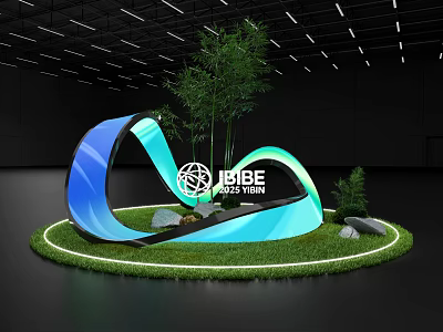 CIBBE 2023 Yibin Check in Photo Spot Featuring Wave Shaped Structure Green Lawn Trees Stones 3d model