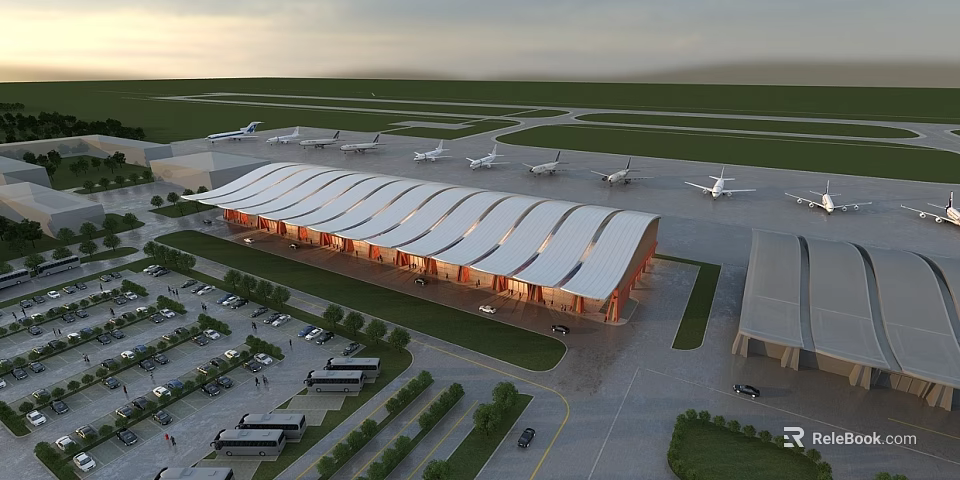 Airport Aerial View Plan With Terminal Building Roof Design Tarmac Airplanes Parking Lot And Greenery 3d model 
