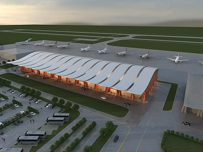 Airport Aerial View Plan With Terminal Building Roof Design Tarmac Airplanes Parking Lot And Greenery 3d model
