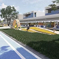 Modern Commercial Landscape With Pedestrian Plaza Trees Yellow Columns And Roadside Greenery
