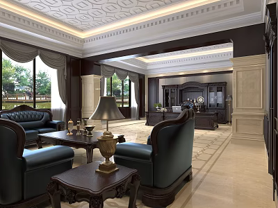 Elegant Office Interior With Leather Sofas Coffee Table And Large Windows 3d model