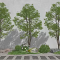 Tall Green Arbor Trees With Lush Foliage White Wall Background Stone Path And Shrubs