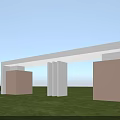 School Building with White Arch Entrance Light Brown Walls and Green Lawn Under Blue Sky