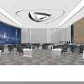Modern Control Room With Curved Consoles Multiple Monitor Screens And Large Digital