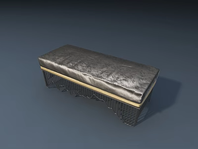 Gray Padded Top Ottoman With Black Metal Frame And Grid Design 3d model