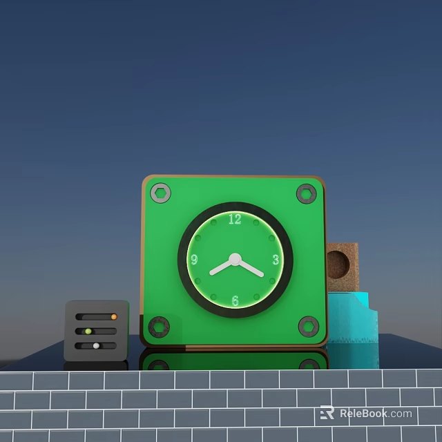 Green Square Clock with Round Dial Numbers and Small Gray Brown Blue Blocks on Tabletop 3d model 