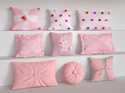 Pink Decorative Pillows With Polka Dots Bowknot Flower Shapes And Lace Trim 3d model