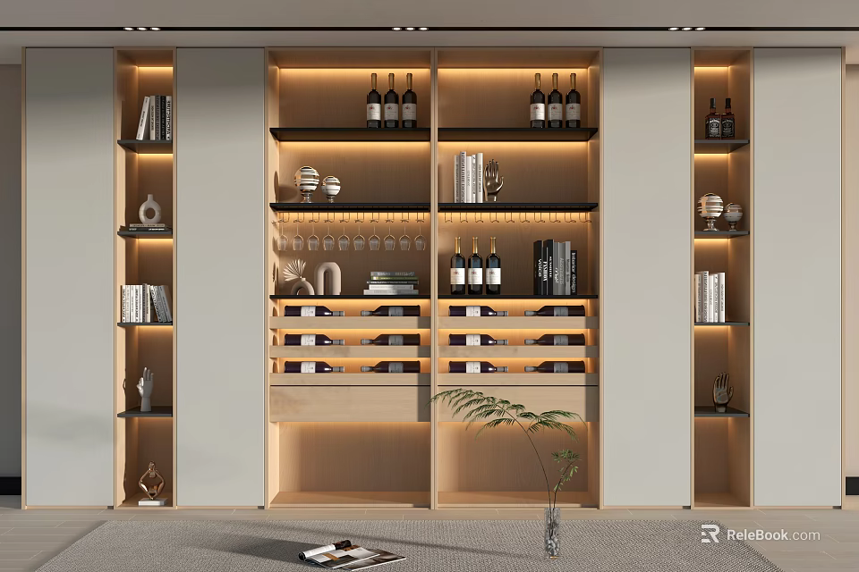 Modern Wine Cabinet Design With Lighting Shelves Wine Bottles Glasses And Decorative Items 3d model 