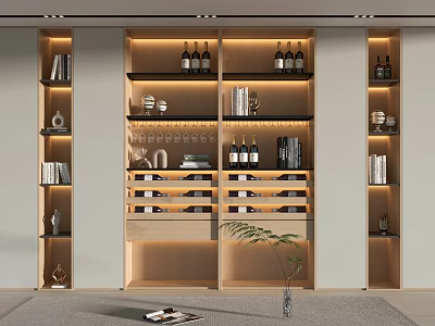 Modern Wine Cabinet Design With Lighting Shelves Wine Bottles Glasses And Decorative Items 3d model