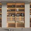 Modern Wine Cabinet Design With Lighting Shelves Wine Bottles Glasses And Decorative Items