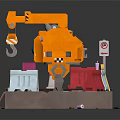 Orange Smart Machine with Pink Yellow Structures and Small Objects on Platform
