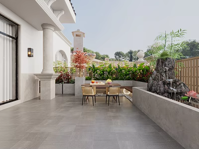 Balcony Garden With Gray Tile Floor Dining Table Chairs Green Plants Rockery And Small Waterfall 3d model