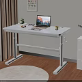 White Standing Desk With Laptop Coffee Cup Small Plant And Drawer Cabinet