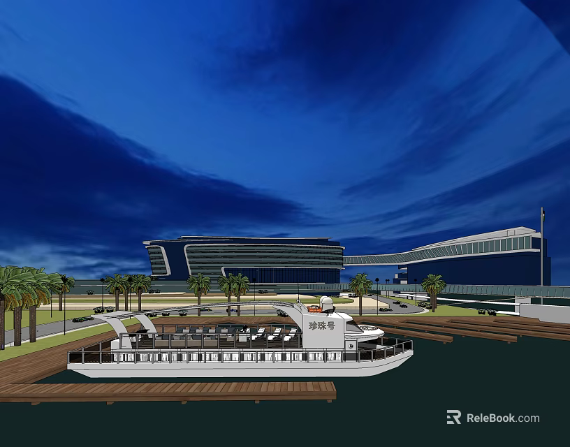 Scenic Coastal View With Modern Architecture Yacht Palm Trees And Dock Under Blue Sky 3d model 