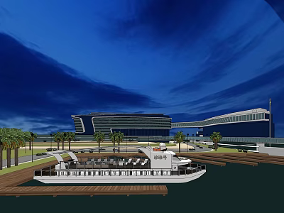 Scenic Coastal View With Modern Architecture Yacht Palm Trees And Dock Under Blue Sky 3d model