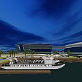 Scenic Coastal View With Modern Architecture Yacht Palm Trees And Dock Under Blue Sky