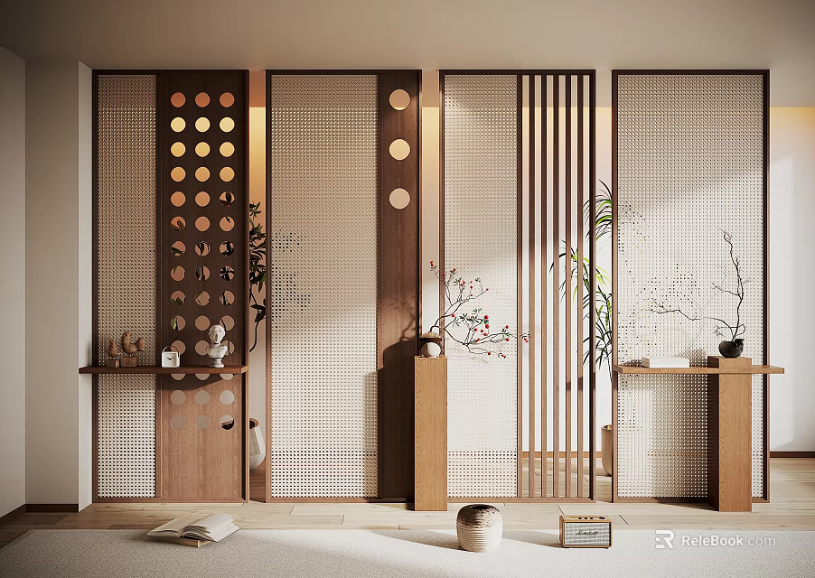 Japanese Style Wooden Room Dividers With Circular Patterns Vertical Slats And Decorative Plants 3d model 