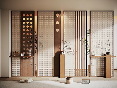Japanese Style Wooden Room Dividers With Circular Patterns Vertical Slats And Decorative Plants 3d model