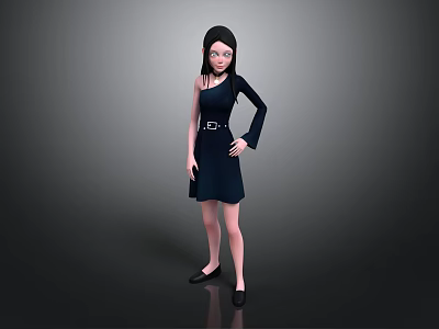 Woman In Black One Shoulder Dress With Belt And Black Shoes On Gray Background 3d model