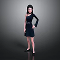 Woman In Black One Shoulder Dress With Belt And Black Shoes On Gray Background