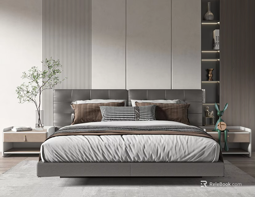 Modern Double Bed with Upholstered Headboard Bedside Tables and Striped Wall Decor 3d model 