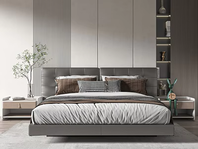 Modern Double Bed with Upholstered Headboard Bedside Tables and Striped Wall Decor 3d model