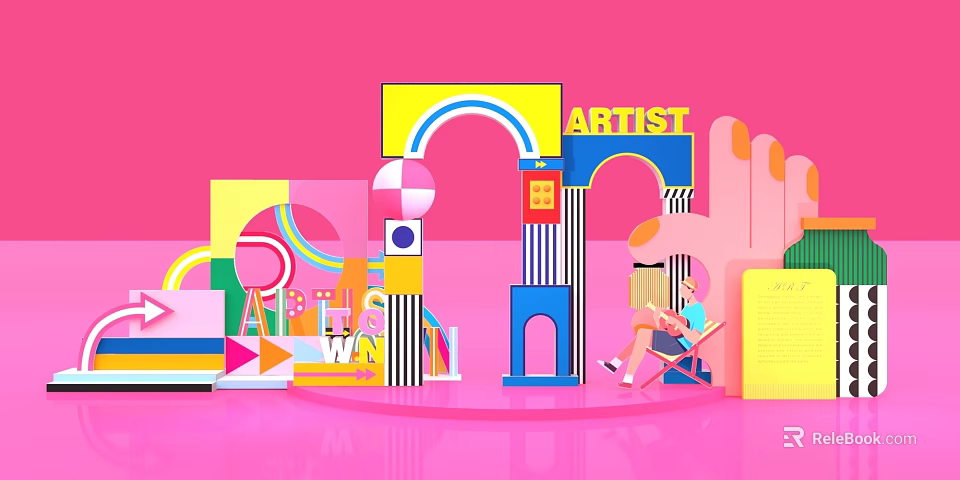 Colorful Geometric Art Scene With Pink Background Artist Sign And Sitting Person 3d model 