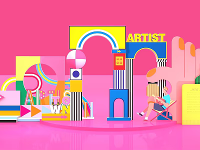 Colorful Geometric Art Scene With Pink Background Artist Sign And Sitting Person 3d model