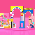 Colorful Geometric Art Scene With Pink Background Artist Sign And Sitting Person