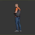 Man Wearing Orange T-shirt Blue Jeans Gray Shoes With Black Backpack Standing Against Gray Background