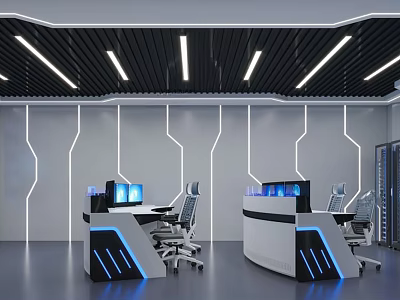 Modern Monitoring Room Interior Design With Control Consoles Computer Monitors LED Lighting And Ergonomic Chairs 3d model