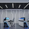 Modern Monitoring Room Interior Design With Control Consoles Computer Monitors LED Lighting And Ergonomic Chairs