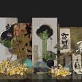 Traditional Chinese Decorative Display With Calligraphy Lotus Bamboo Fans And Golden Flowers