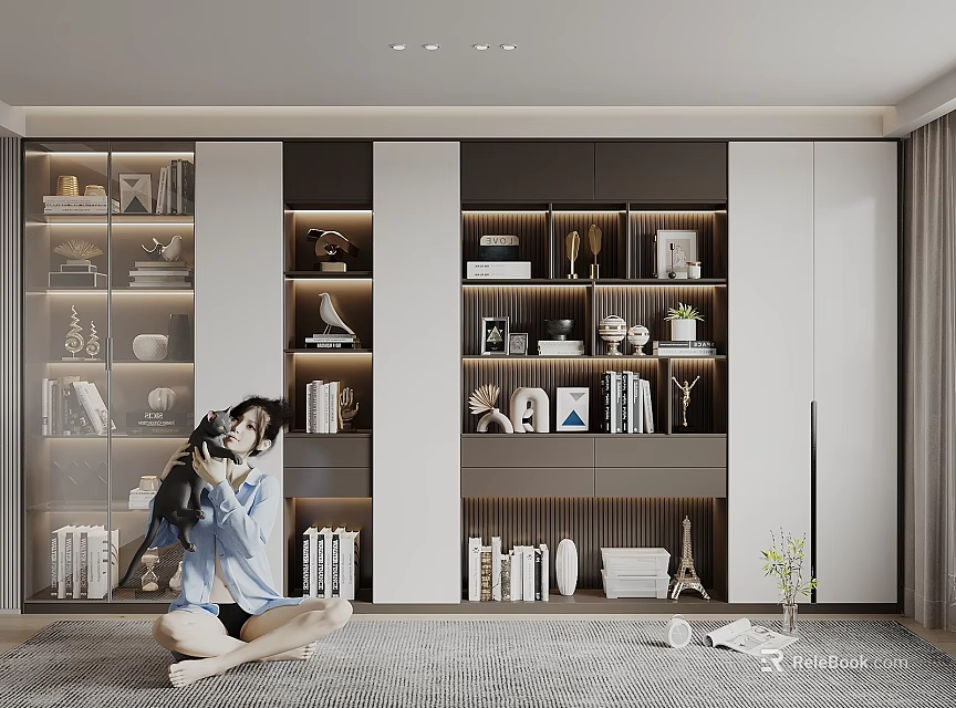 Modern Bookcase Interior With Glass Doors Books Photo Frames And Eiffel Tower Model 3d model 