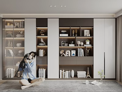 Modern Bookcase Interior With Glass Doors Books Photo Frames And Eiffel Tower Model 3d model