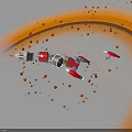 Red And White Spacecraft Flying Through Orange Cosmic Ring With Small Particles