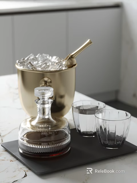 Elegant Wine Decanter And Glasses Near Ice Bucket On Table 3d model 