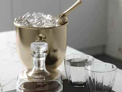 Elegant Wine Decanter And Glasses Near Ice Bucket On Table 3d model