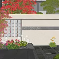 Garden Wall With Red Pink Flowers Green Trees Lanterns Stone Paths Rocks In Courtyard